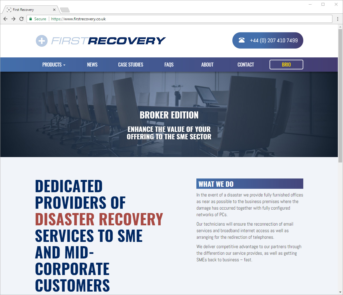 Computer screen preview of First Recovery website